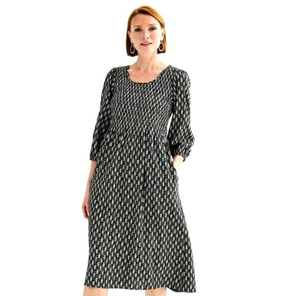 Croft & Barrow Womens Black & White Smocked Midi Dress With 3/4 Sleeves & Pocket - Picture 2 of 15